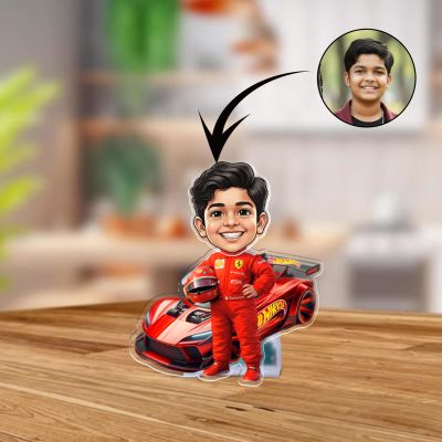 Personalized Car Racer Boy Funny Face Caricature with Shaking Head Gift for Boyfriend, Friend, Brother & Car Lover Batter Powered Moving Head Bobblehead Figurine